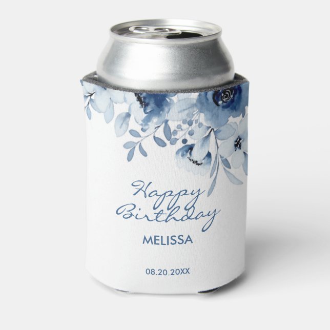 Modern Blue Roses Floral Greenery Birthday  Can Cooler (Can Back)