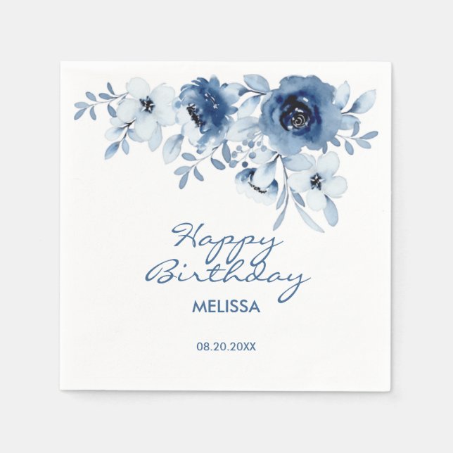 Modern Blue Roses Floral Greenery Birthday  Napkins (Front)