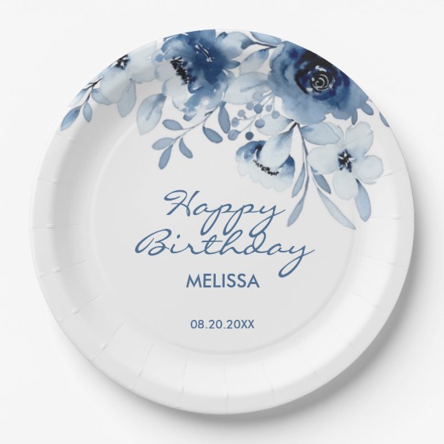 Modern Blue Roses Floral Greenery Birthday  Paper Plates (Front)