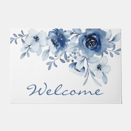 Modern Blue Roses Floral Greenery Welcome Doormat