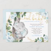 Modern Blue Roses Jungle Elephant Boy Baby Shower Invitation