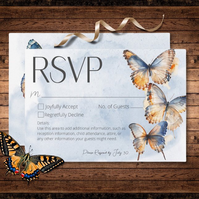 Modern Blue Rust Watercolor Butterflies No Dinner RSVP Card (Modern Blue Rust Watercolor Butterflies No Dinner RSVP Card)