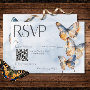 Modern Blue & Rust Watercolor Butterflies QR Code RSVP Card