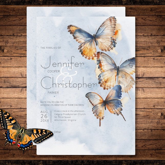 Modern Blue & Rust Watercolor Butterflies Wedding Invitation (Modern Blue & Rust Watercolor Butterflies Wedding Invitation)