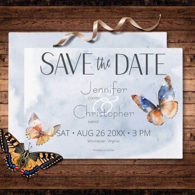 Modern Blue & Rust Watercolor Butterflies Wedding Save The Date (Modern Blue & Rust Watercolor Butterflies Wedding Save The Date)