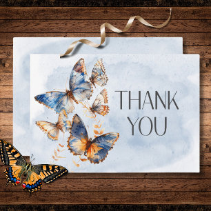 Modern Blue & Rust Watercolor Butterflies Wedding Thank You Card