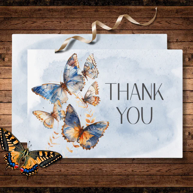 Modern Blue & Rust Watercolor Butterflies Wedding Thank You Card | Zazzle