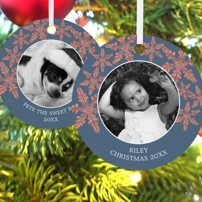 Modern Blue Rustic Snowflake 2 Photo Chic Holiday Metal Ornament (Add your two photos to these blue rustic snowflake Christmas ornaments and create holiday keepsakes)