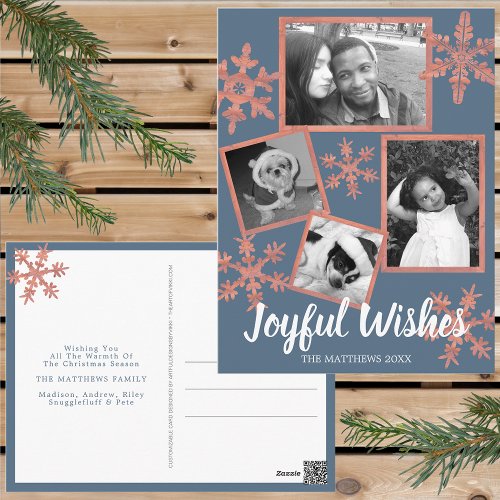 Modern Blue Rustic Snowflake 4 Photo Christmas Postcard