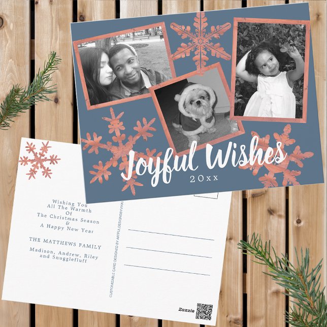 Modern Blue Rustic Snowflake Collage 3 Photo Postcard (Customize these holiday postcards with 3 of your favorite photos and a personalized greeting.)