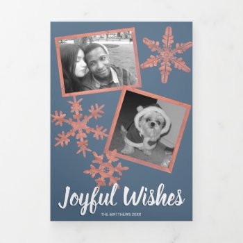Modern Blue Rustic Snowflake Collage 5 Photo Tri-fold Holiday Card by ArtfulDesignsByVikki at Zazzle