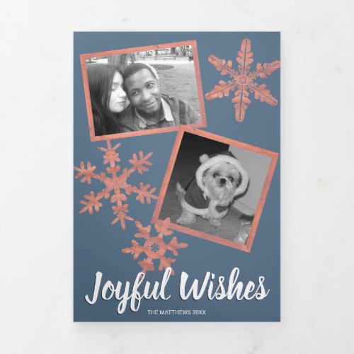 Modern Blue Rustic Snowflake Collage 5 Photo Tri_Fold Holiday Card