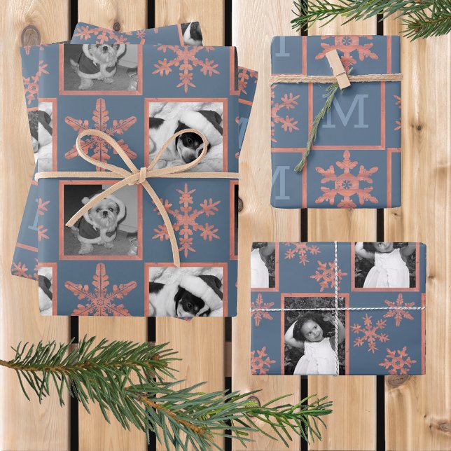 Modern Blue Rustic Snowflake Monogram Photo Wrapping Paper Sheets (Creator Uploaded)