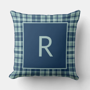 Modern blue sage green plaid monogram throw pillow