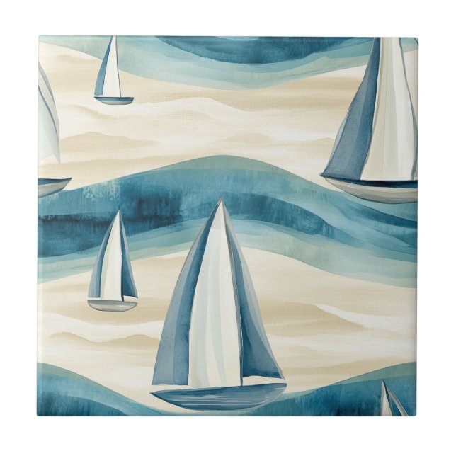 Modern Blue Sailboat Ocean Wave Pattern Ceramic Tile (Front)