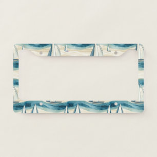 Modern Blue Sailboat Ocean Wave Pattern License Plate Frame