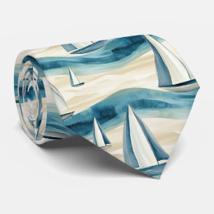 Modern Blue Sailboat Ocean Wave Pattern Neck Tie