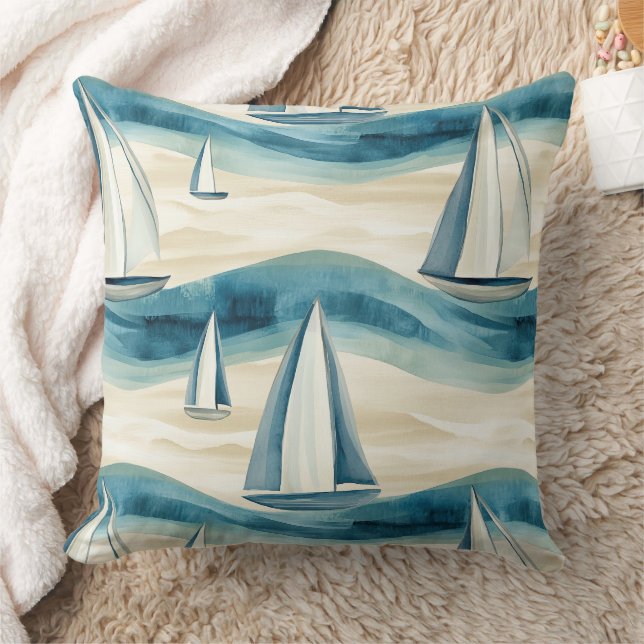 Modern Blue Sailboat Ocean Wave Pattern Throw Pillow (Blanket)