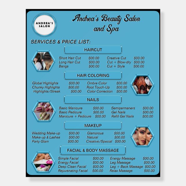 Modern Blue Salon & Spa Services Menu Price List Foam Board (Front)