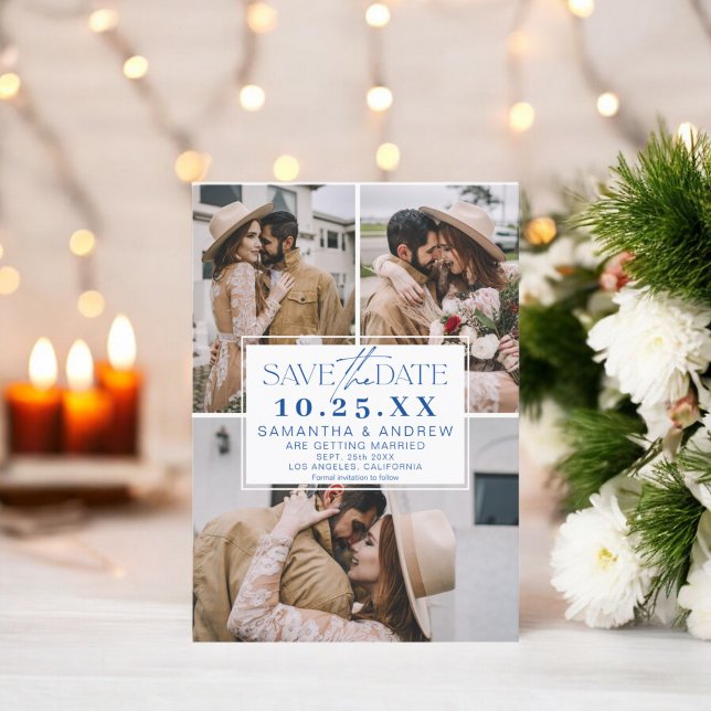 Modern blue save the date 3 photos grid collage (Modern blue save the date 3 photos grid collage)