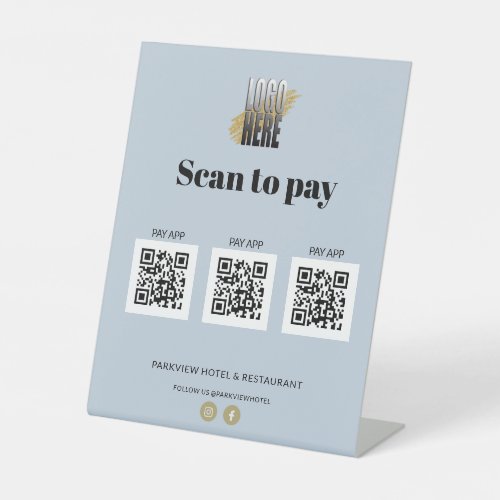 Modern Blue Scan to Pay Apps 3 QR Codes with Logo Pedestal Sign