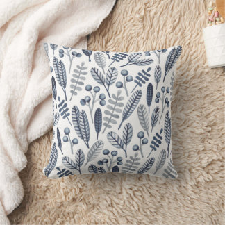 Modern Blue Scandinavian Botanical Pattern Throw Pillow
