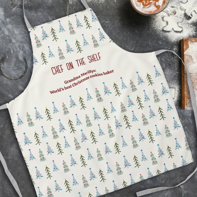 Modern blue Scandinavian Christmas firs Apron (Elegant Scandinavian Christmas apron with Christmas trees and your text.)