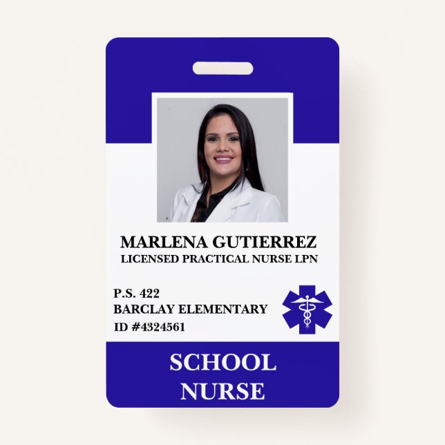 Modern Blue School Nurse Employee Photo Name ID Badge (Front)