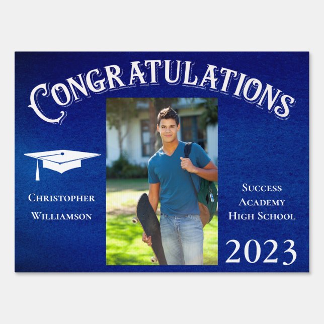 Modern Blue School Senior Photo Graduation Sign (Front)