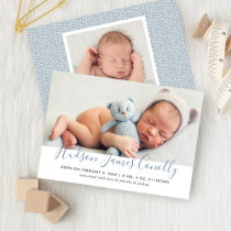 Modern Blue Script Baby Boy Photo Birth Announcement