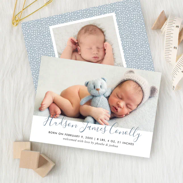 Modern Blue Script Baby Boy Photo Birth Announcement | Zazzle