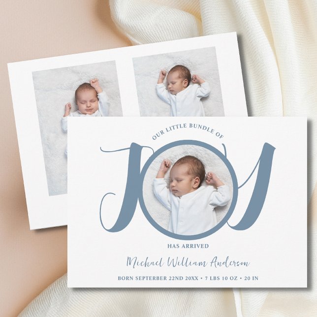 Modern Blue Script Baby Boy Three Photo Birth  Announcement (Creator Uploaded)