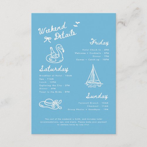 Modern Blue Script Bachelorette Weekend Details Enclosure Card