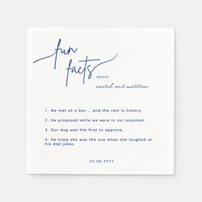 Modern Blue Script Fun Facts Wedding Napkins (Front)