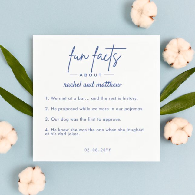 Modern Blue Script Fun Facts Wedding Napkins (Creator Uploaded)