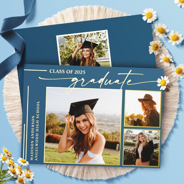 Modern Blue Script Graduate Photo Graduation Foil Invitation (Creator Uploaded)