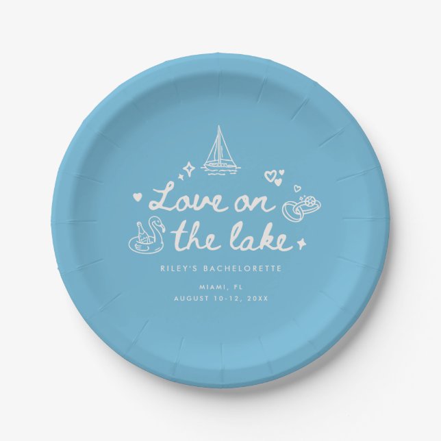Modern Blue Script Lake Bachelorette Party Paper Plates (Front)