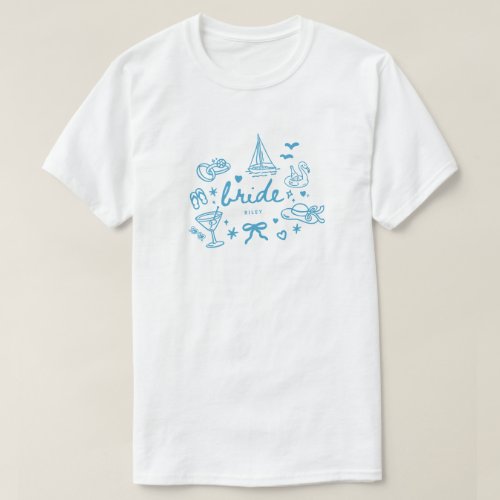 Modern Blue Script Lake Wedding Bride Name Custom T-Shirt