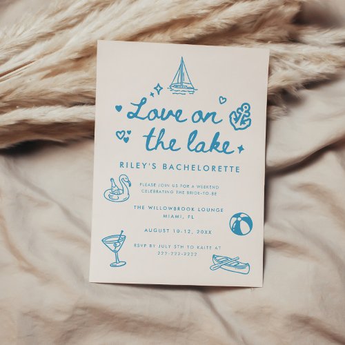 Modern Blue Script "Love on the Lake" Bachelorette Invitation