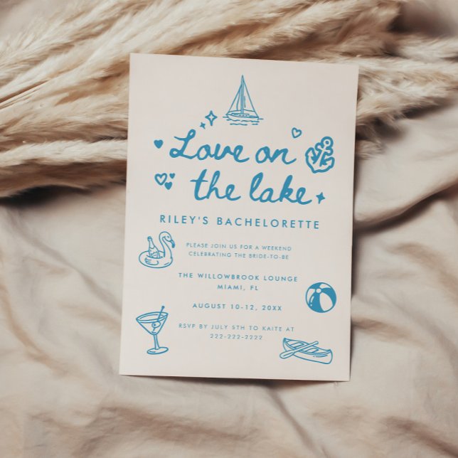 Modern Blue Script "Love on the Lake" Bachelorette Invitation (Creator Uploaded)