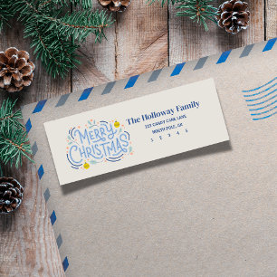 Modern Blue Script Merry Christmas Return Address Label