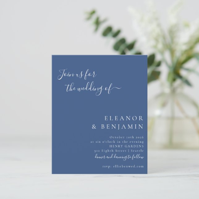 Modern Blue Script Minimal Classic Wedding Invite (Standing Front)