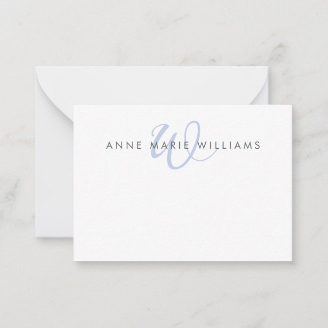 Modern Blue Script Monogram Note Card (Front)