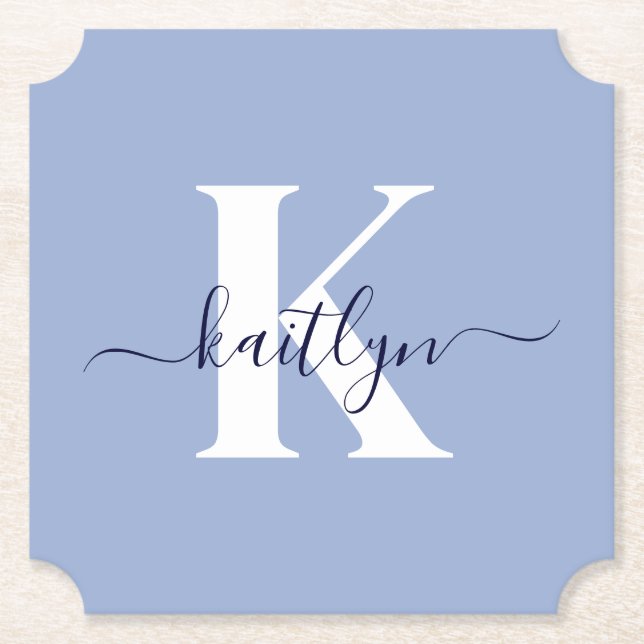 Modern Blue Script Monogram Paper Coaster (Front)
