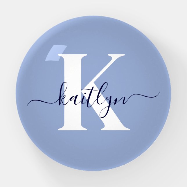 Modern Blue Script Monogram Paperweight (Front)