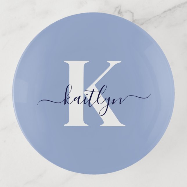 Modern Blue Script Monogram Trinket Tray (Front)