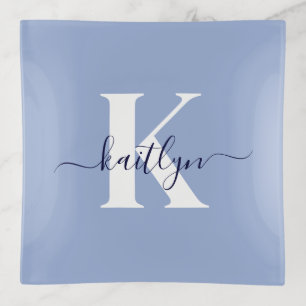 Modern Blue Script Monogram Trinket Tray