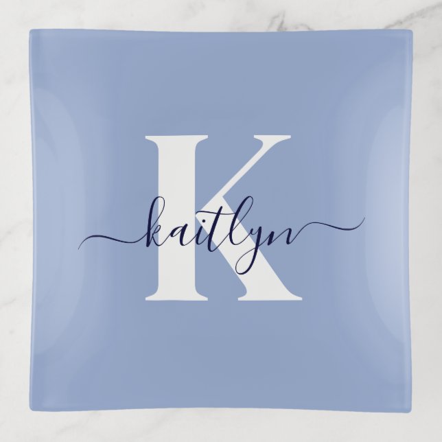 Modern Blue Script Monogram Trinket Tray (Front)