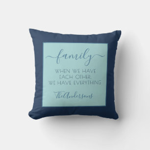 Modern Blue Script Personalized Family Quote Throw Pillow