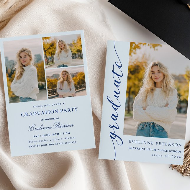 Modern Blue Script Photo Graduation Invitation (Creator Uploaded)